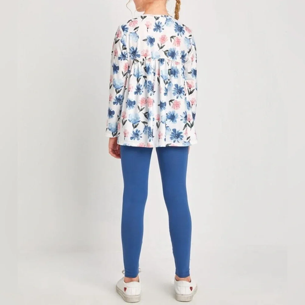 Girls Floral Print Babydoll Top & Solid Leggings Set